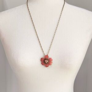 J.Crew Enamel Flower Pendant Necklace Coral Pink Gold Tone 26”